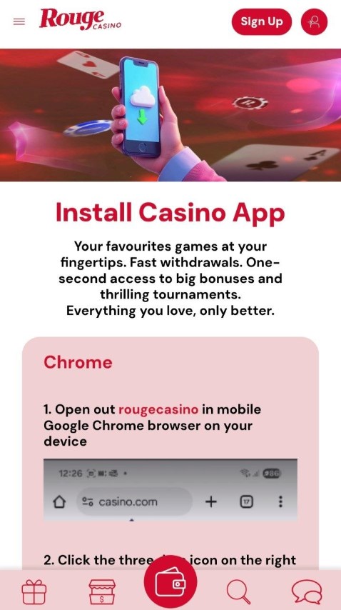 Download and install Rouge Casino app on your mobile device via Chrome browser