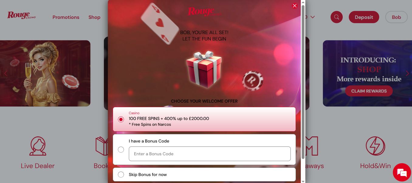 Choose your welcome offer and enter a bonus code after completing registration