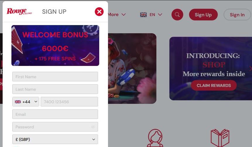 Sign up and claim a welcome bonus up to €6,000 plus 175 free spins at Rouge Casino