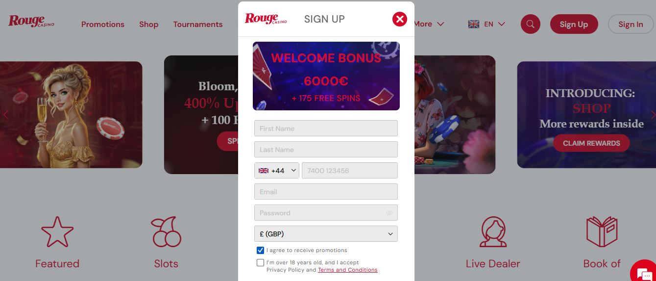 Register a new Rouge Casino account and get a welcome bonus up to €6,000 plus 175 free spins
