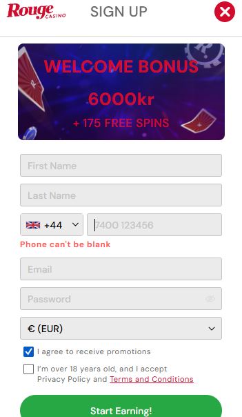 Register new Rouge Casino account to receive bonus spins