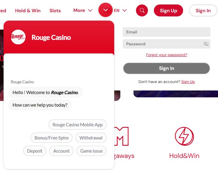Use the Rouge Casino live chat support to get help with deposits, withdrawals or account issues